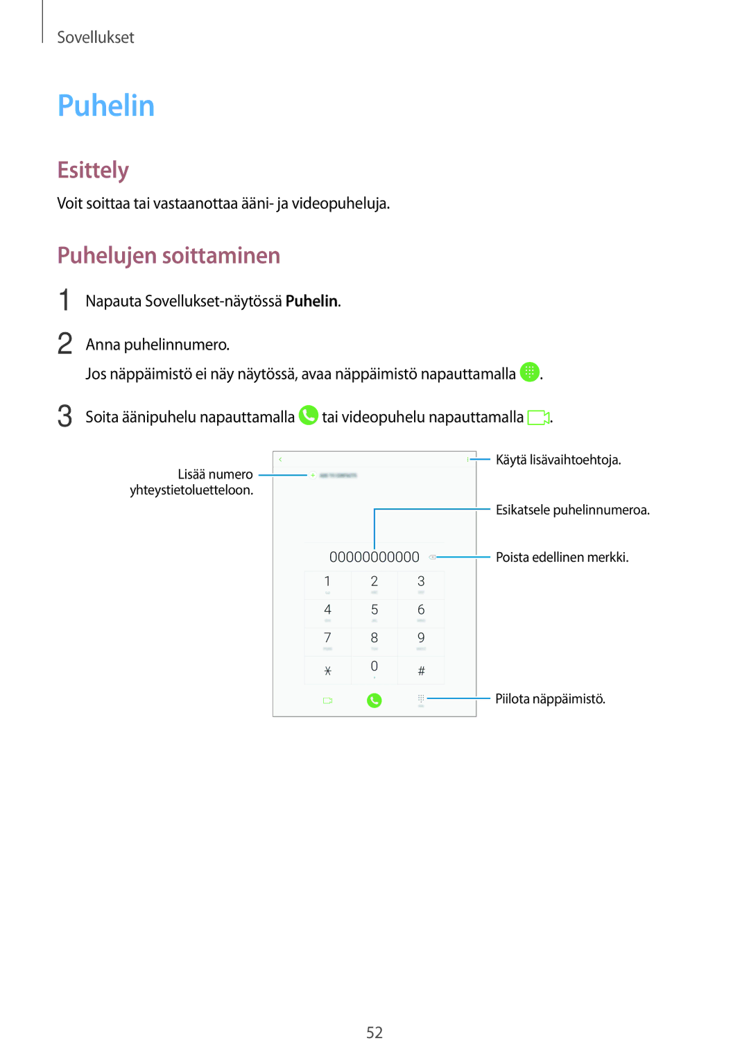 Samsung SM-T719NZWENEE manual Puhelin, Puhelujen soittaminen, Voit soittaa tai vastaanottaa ääni- ja videopuheluja 