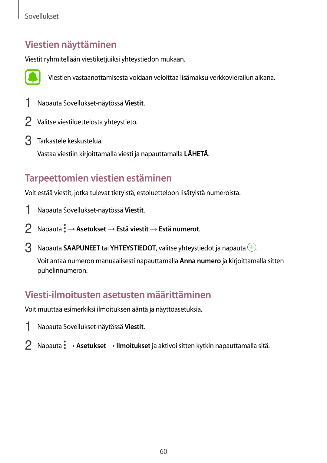 Samsung SM-T719NZWENEE Viestien näyttäminen, Tarpeettomien viestien estäminen, Viesti-ilmoitusten asetusten määrittäminen 