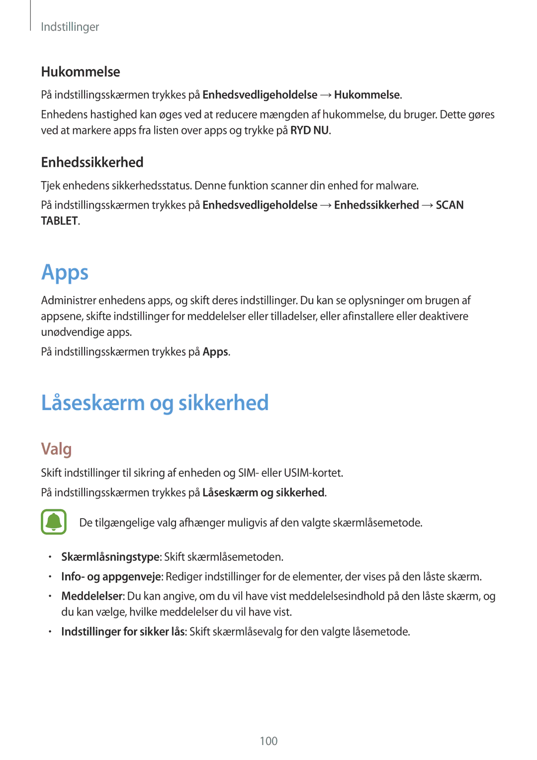 Samsung SM-T719NZWENEE, SM-T719NZKENEE, SM-T819NZKENEE manual Apps, Låseskærm og sikkerhed, Hukommelse, Enhedssikkerhed 
