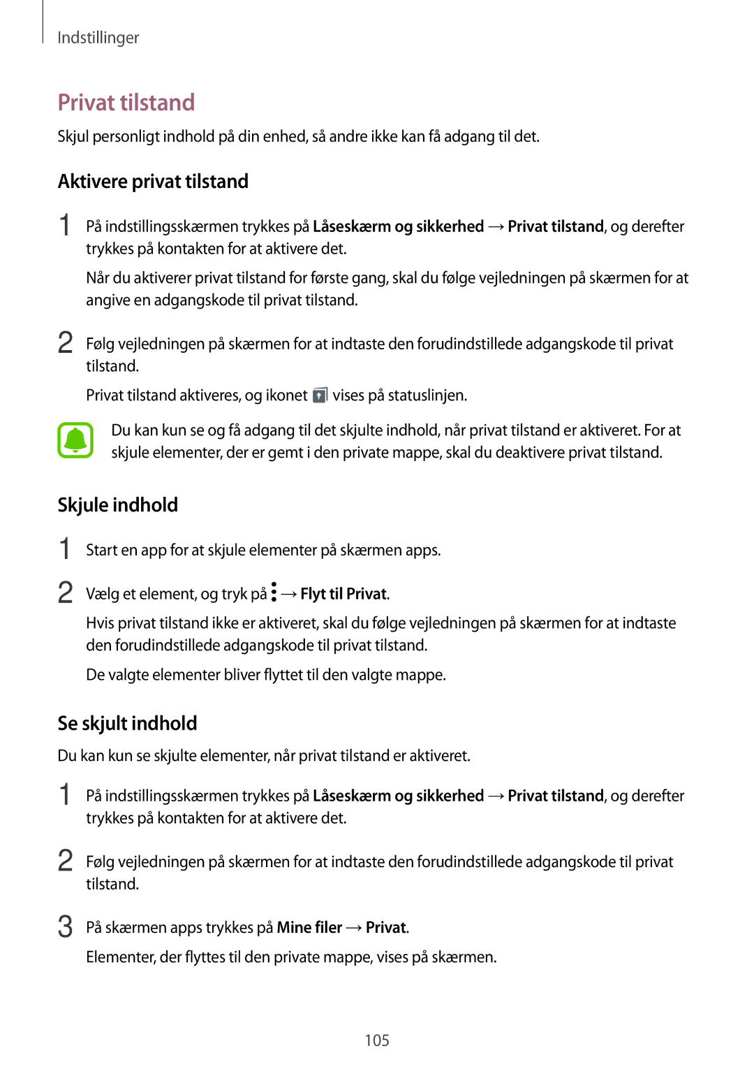 Samsung SM-T719NZKENEE, SM-T719NZWENEE manual Privat tilstand, Aktivere privat tilstand, Skjule indhold, Se skjult indhold 