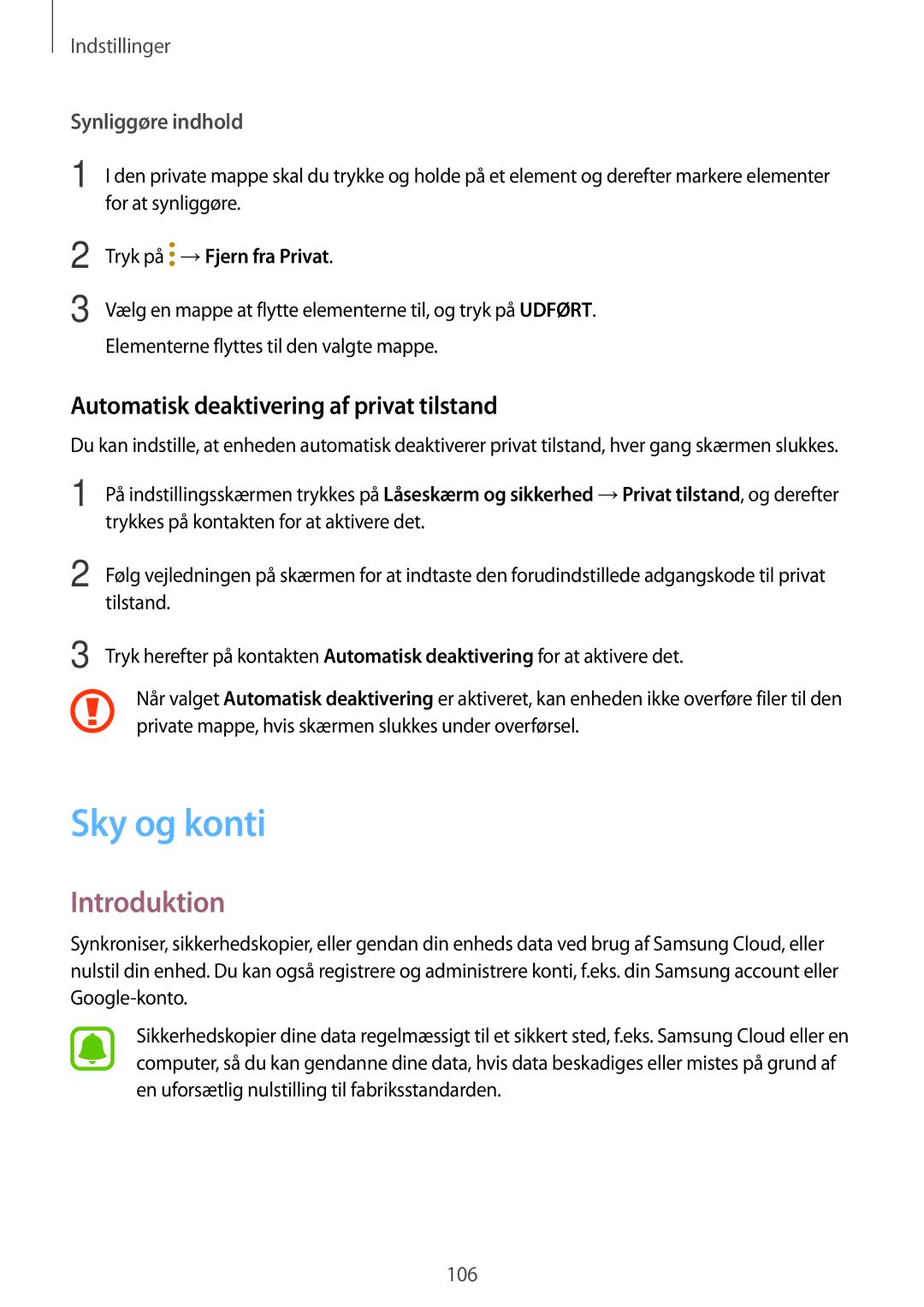 Samsung SM-T819NZKENEE, SM-T719NZWENEE Sky og konti, Automatisk deaktivering af privat tilstand, Tryk på →Fjern fra Privat 