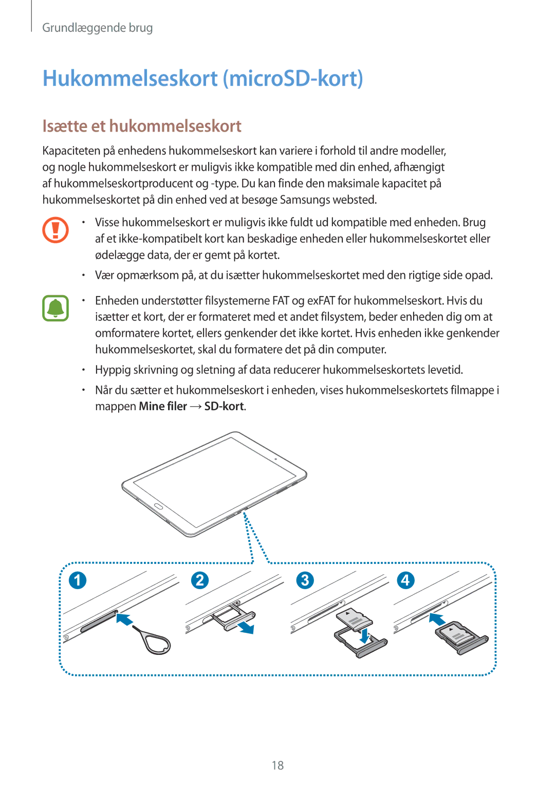 Samsung SM-T819NZKENEE, SM-T719NZWENEE, SM-T719NZKENEE manual Hukommelseskort microSD-kort, Isætte et hukommelseskort 