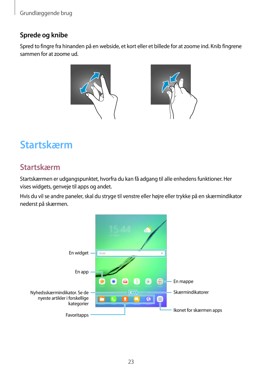 Samsung SM-T819NZWENEE, SM-T719NZWENEE, SM-T719NZKENEE, SM-T819NZKENEE manual Startskærm, Sprede og knibe 