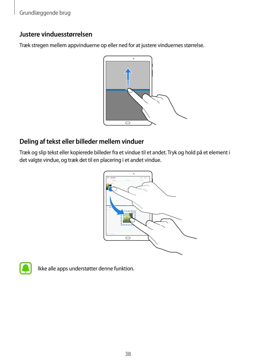 Samsung SM-T819NZKENEE, SM-T719NZWENEE manual Justere vinduesstørrelsen, Deling af tekst eller billeder mellem vinduer 