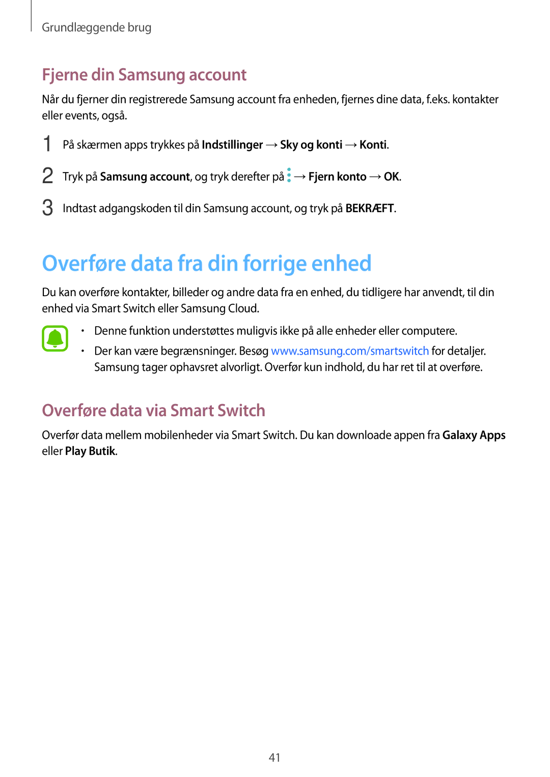 Samsung SM-T719NZKENEE Overføre data fra din forrige enhed, Fjerne din Samsung account, Overføre data via Smart Switch 