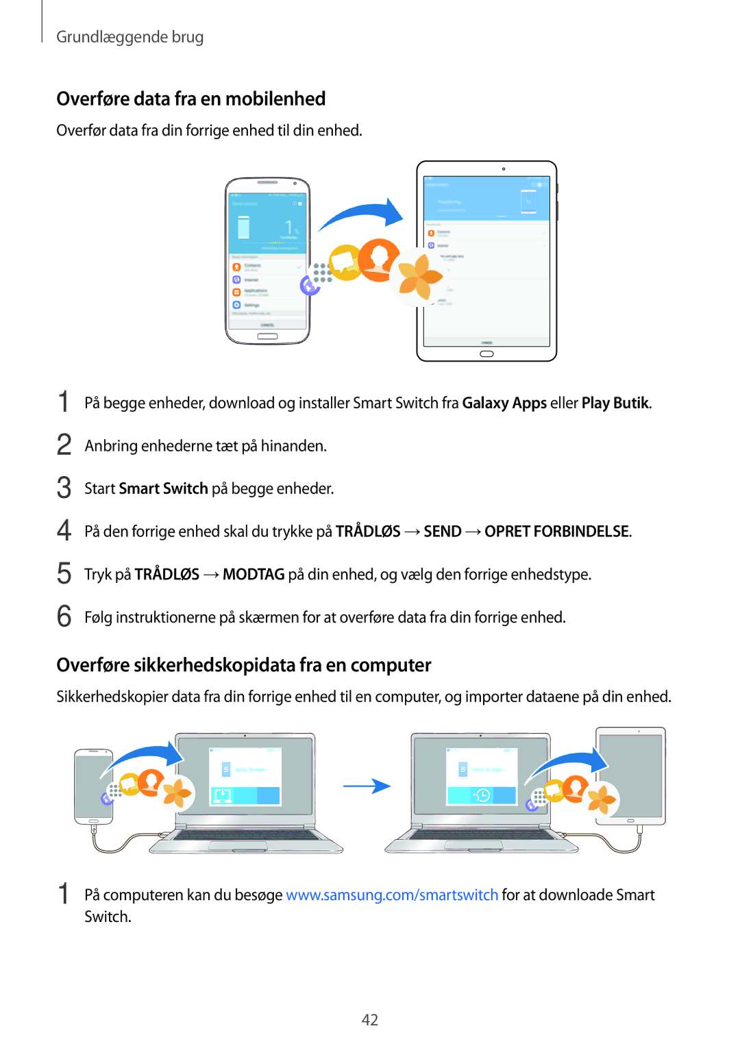 Samsung SM-T819NZKENEE, SM-T719NZWENEE manual Overføre data fra en mobilenhed, Overføre sikkerhedskopidata fra en computer 