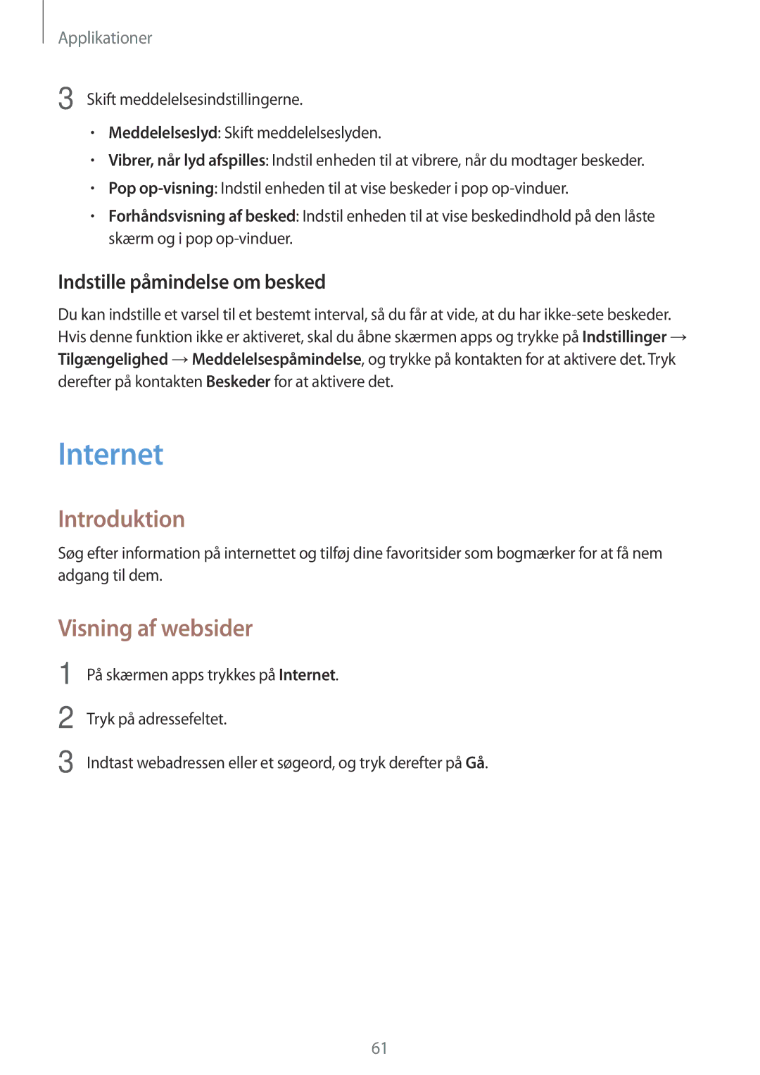 Samsung SM-T719NZKENEE, SM-T719NZWENEE, SM-T819NZKENEE manual Internet, Visning af websider, Indstille påmindelse om besked 