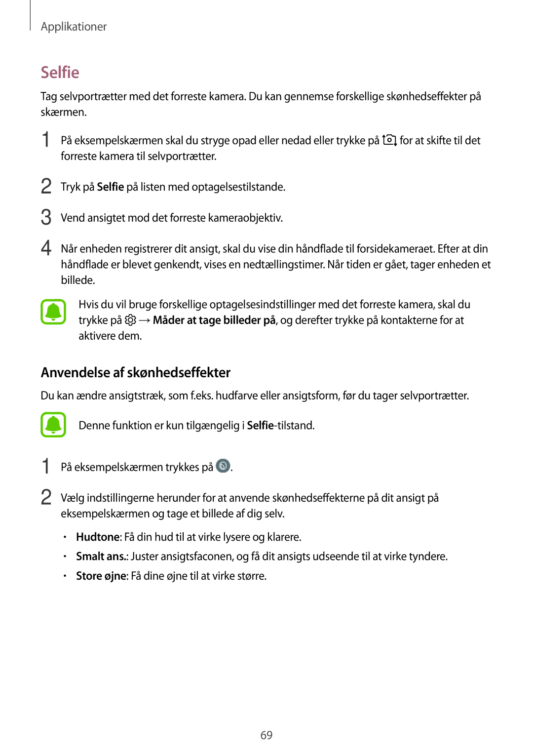 Samsung SM-T719NZKENEE, SM-T719NZWENEE, SM-T819NZKENEE, SM-T819NZWENEE manual Selfie, Anvendelse af skønhedseffekter 