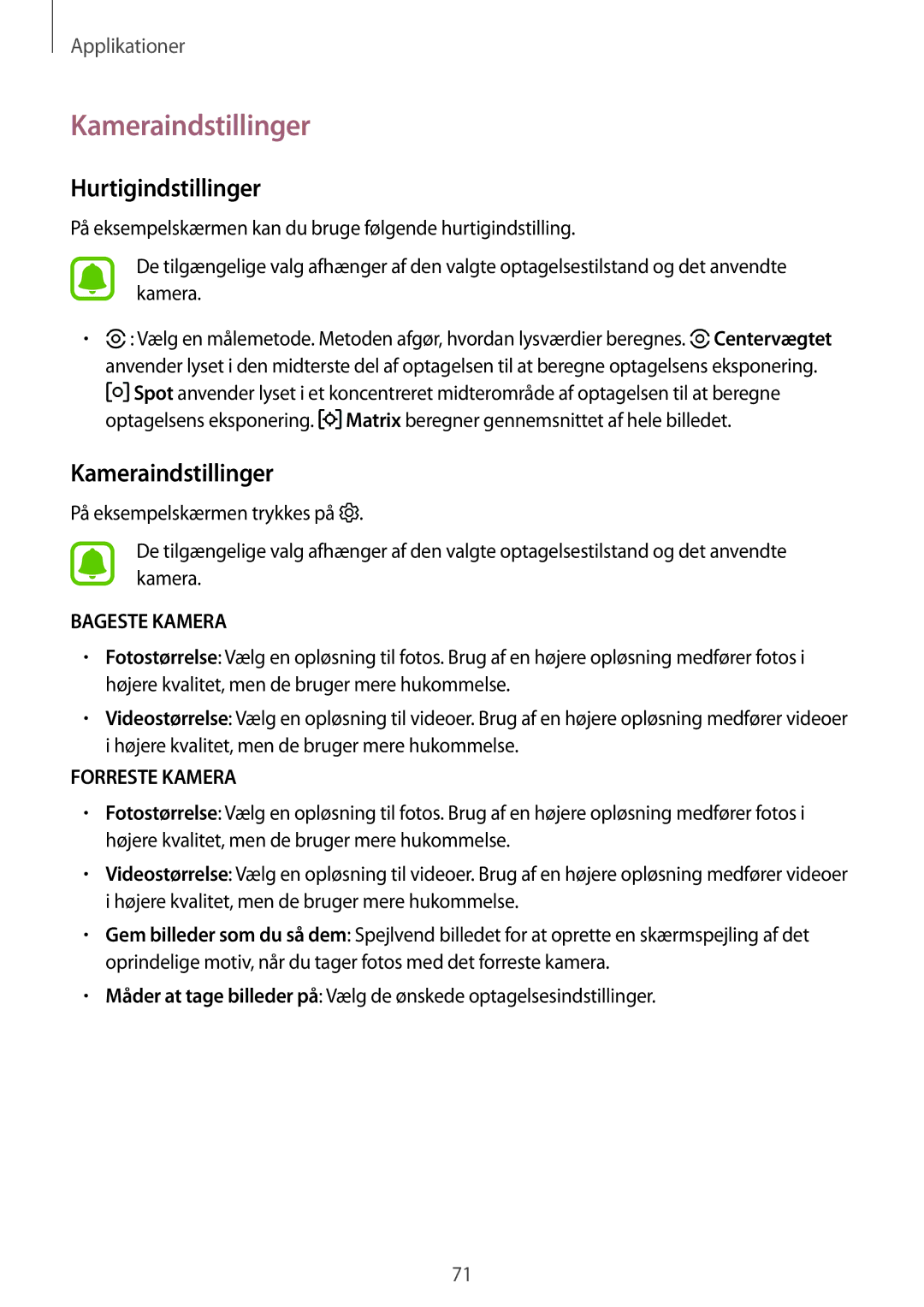 Samsung SM-T819NZWENEE, SM-T719NZWENEE, SM-T719NZKENEE, SM-T819NZKENEE manual Kameraindstillinger, Hurtigindstillinger 