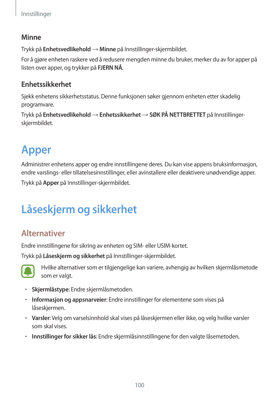 Samsung SM-T719NZWENEE, SM-T719NZKENEE, SM-T819NZKENEE manual Apper, Låseskjerm og sikkerhet, Minne, Enhetssikkerhet 