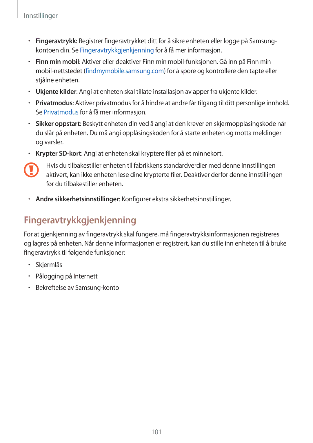 Samsung SM-T719NZKENEE, SM-T719NZWENEE, SM-T819NZKENEE, SM-T819NZWENEE manual Fingeravtrykkgjenkjenning 