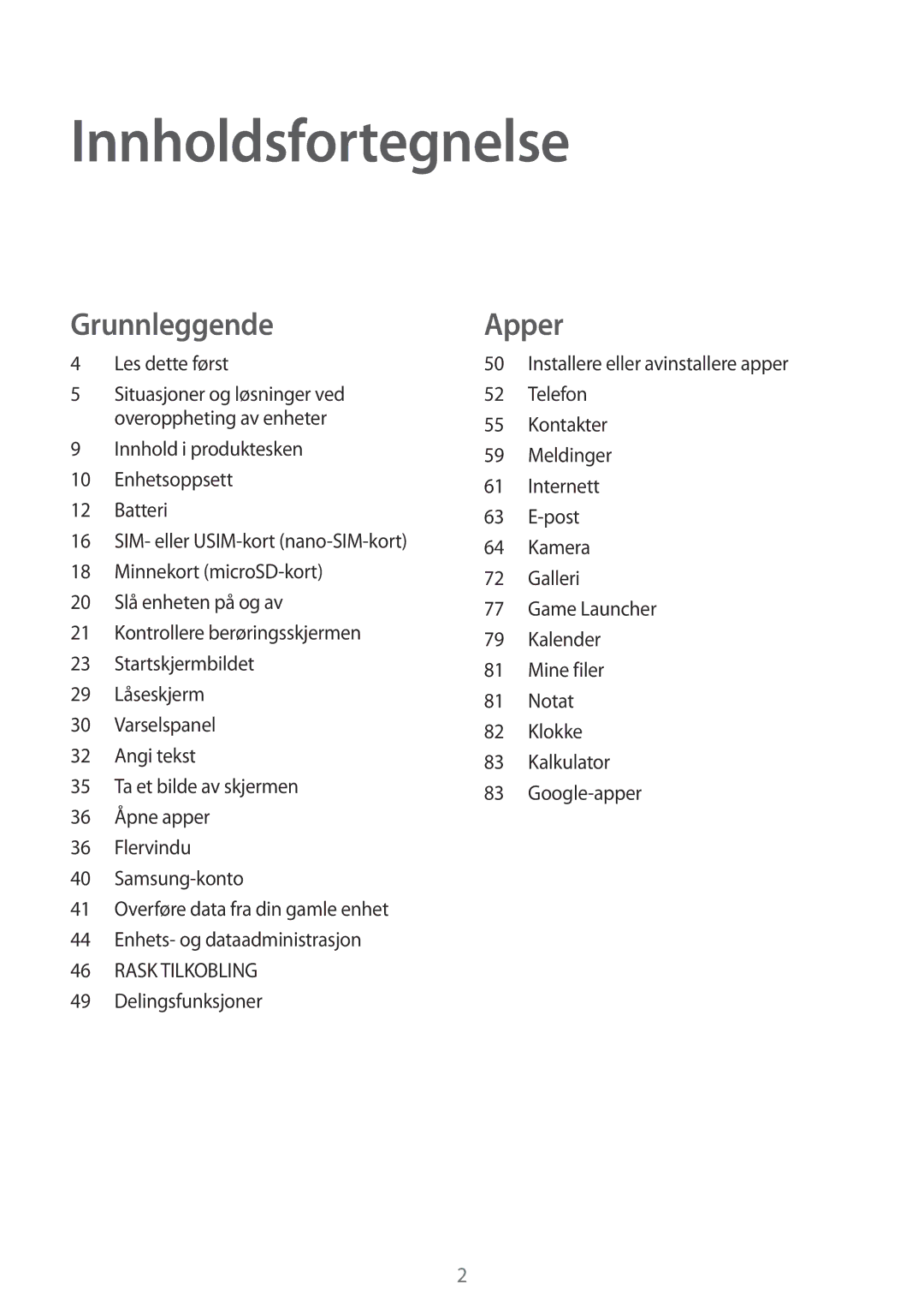 Samsung SM-T819NZKENEE, SM-T719NZWENEE, SM-T719NZKENEE, SM-T819NZWENEE manual Innholdsfortegnelse 