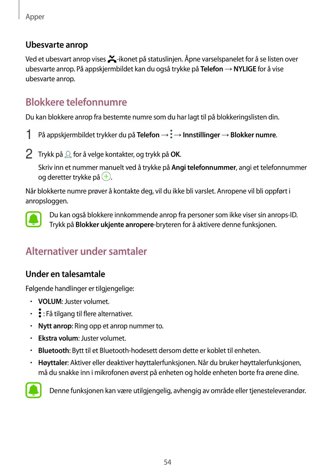 Samsung SM-T819NZKENEE manual Blokkere telefonnumre, Alternativer under samtaler, Ubesvarte anrop, Under en talesamtale 