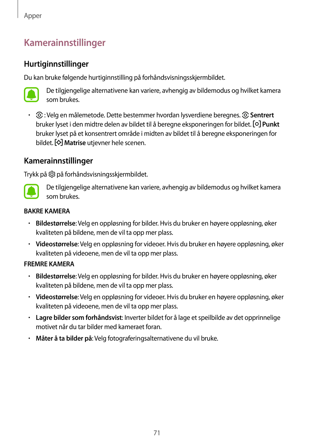 Samsung SM-T819NZWENEE, SM-T719NZWENEE, SM-T719NZKENEE, SM-T819NZKENEE manual Kamerainnstillinger, Hurtiginnstillinger 