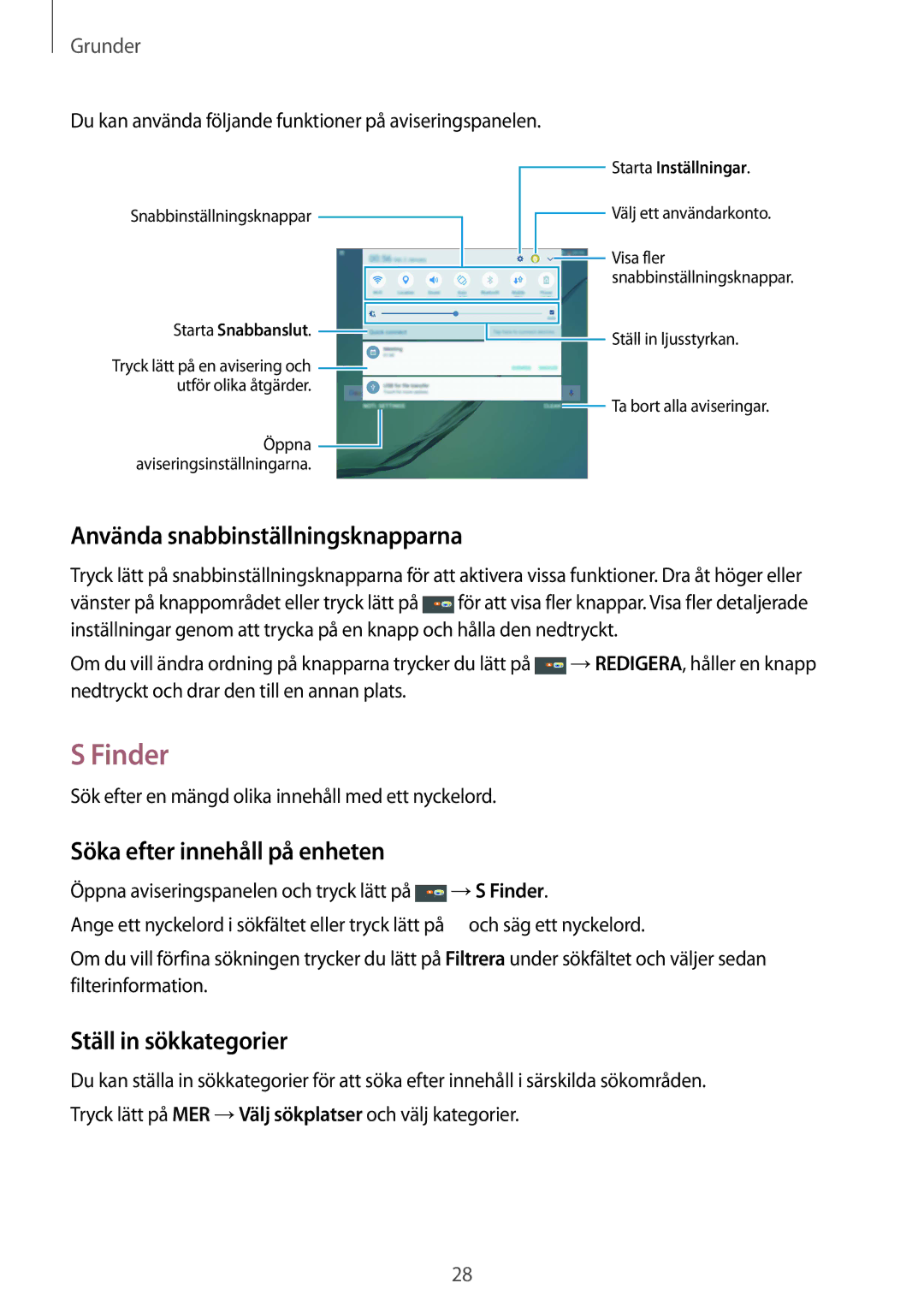 Samsung SM-T719NZWENEE Finder, Använda snabbinställningsknapparna, Söka efter innehåll på enheten, Ställ in sökkategorier 