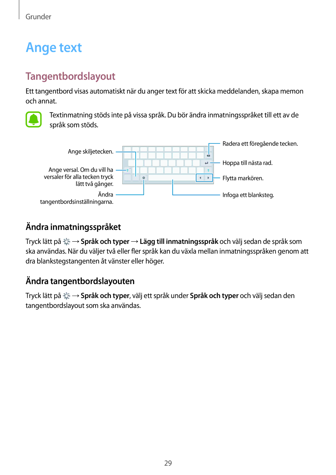 Samsung SM-T719NZKENEE, SM-T719NZWENEE Ange text, Tangentbordslayout, Ändra inmatningsspråket, Ändra tangentbordslayouten 