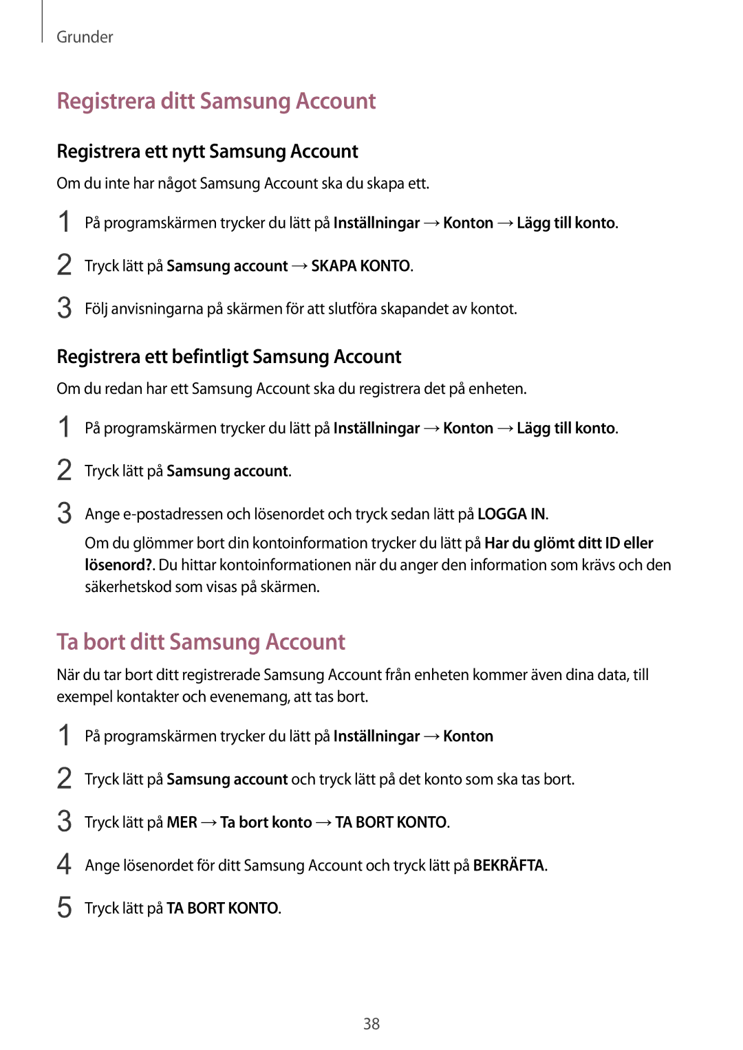 Samsung SM-T719NZWENEE Registrera ditt Samsung Account, Ta bort ditt Samsung Account, Registrera ett nytt Samsung Account 