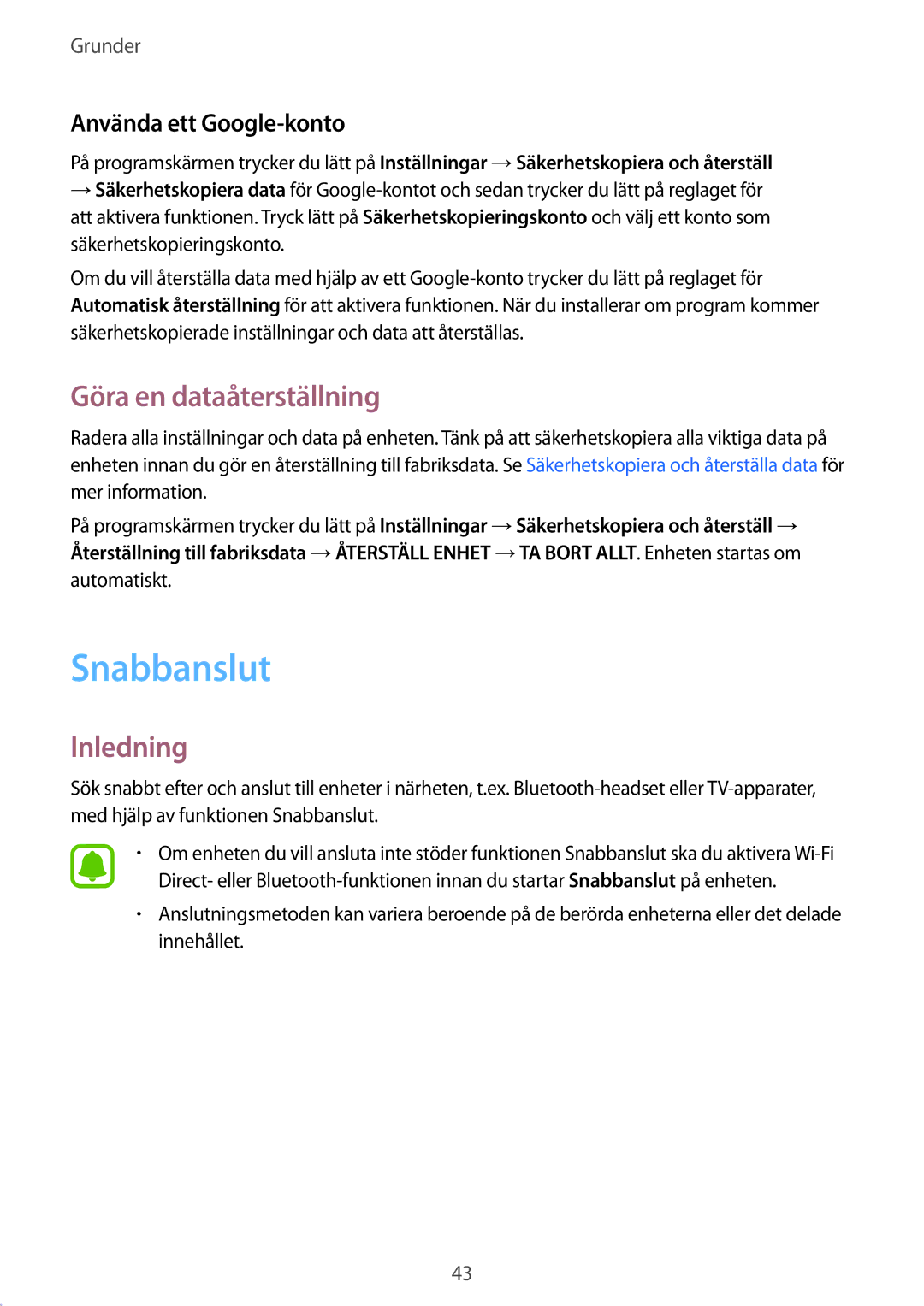 Samsung SM-T719NZKENEE, SM-T719NZWENEE manual Snabbanslut, Göra en dataåterställning, Använda ett Google-konto 