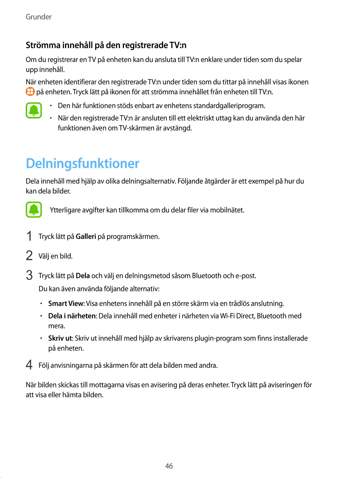 Samsung SM-T719NZWENEE, SM-T719NZKENEE manual Delningsfunktioner, Strömma innehåll på den registrerade TVn 