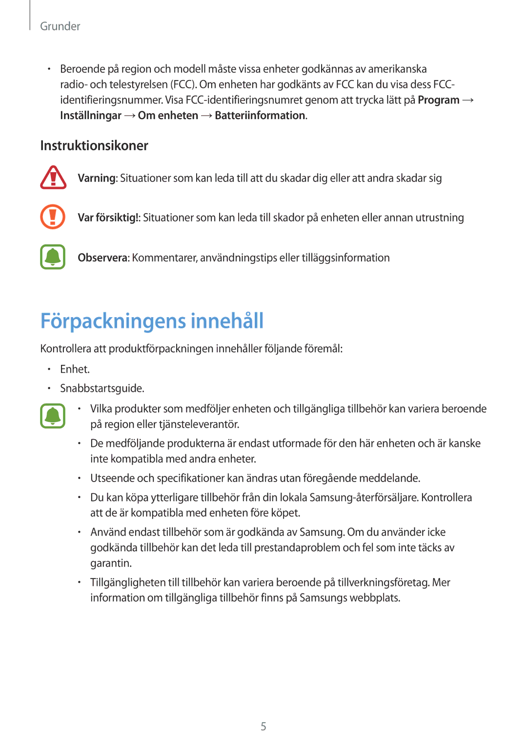 Samsung SM-T719NZKENEE, SM-T719NZWENEE manual Förpackningens innehåll, Instruktionsikoner 