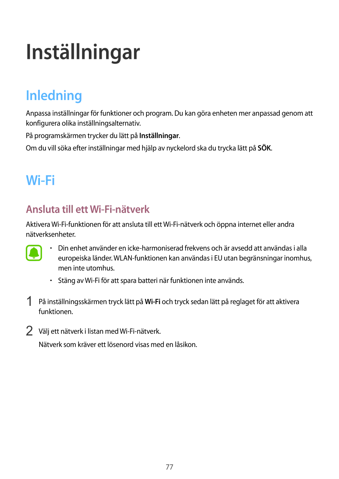 Samsung SM-T719NZKENEE, SM-T719NZWENEE manual Inledning, Ansluta till ett Wi-Fi-nätverk 