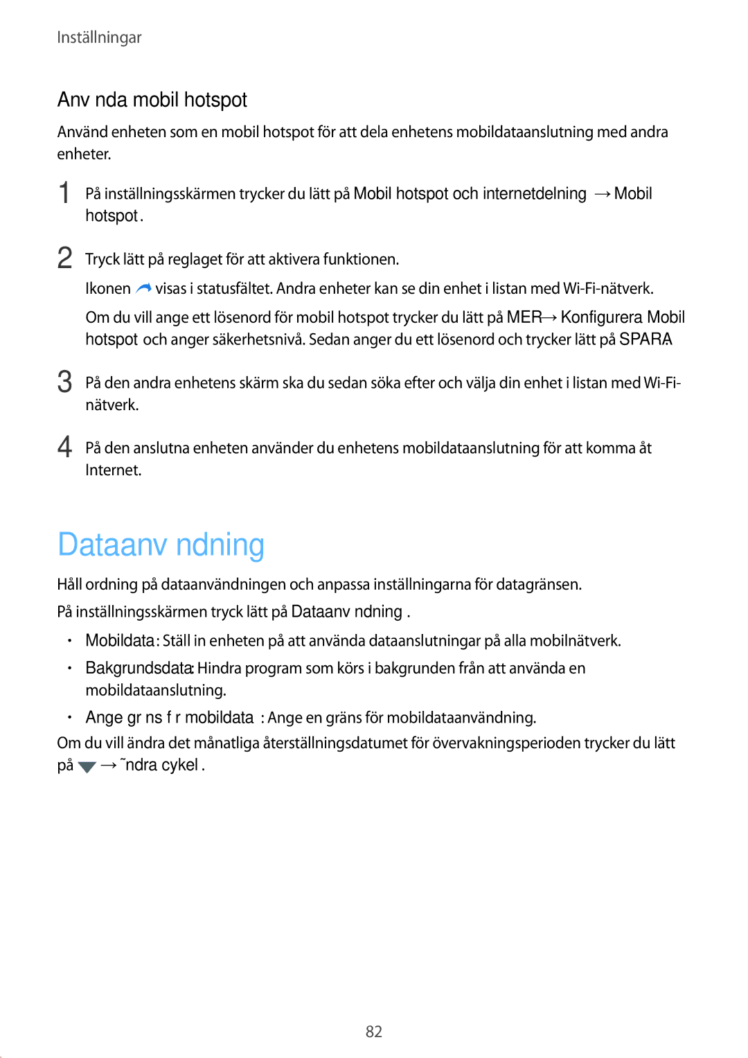 Samsung SM-T719NZWENEE, SM-T719NZKENEE manual Dataanvändning, Använda mobil hotspot 