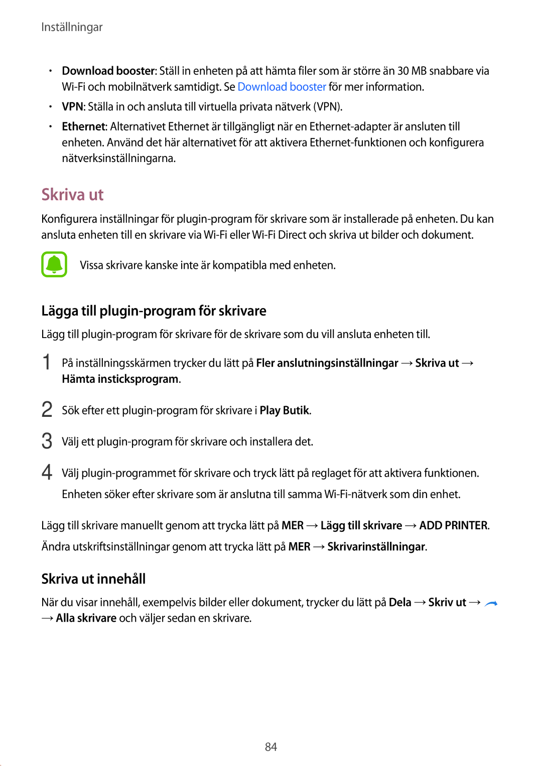 Samsung SM-T719NZWENEE, SM-T719NZKENEE manual Lägga till plugin-program för skrivare, Skriva ut innehåll 