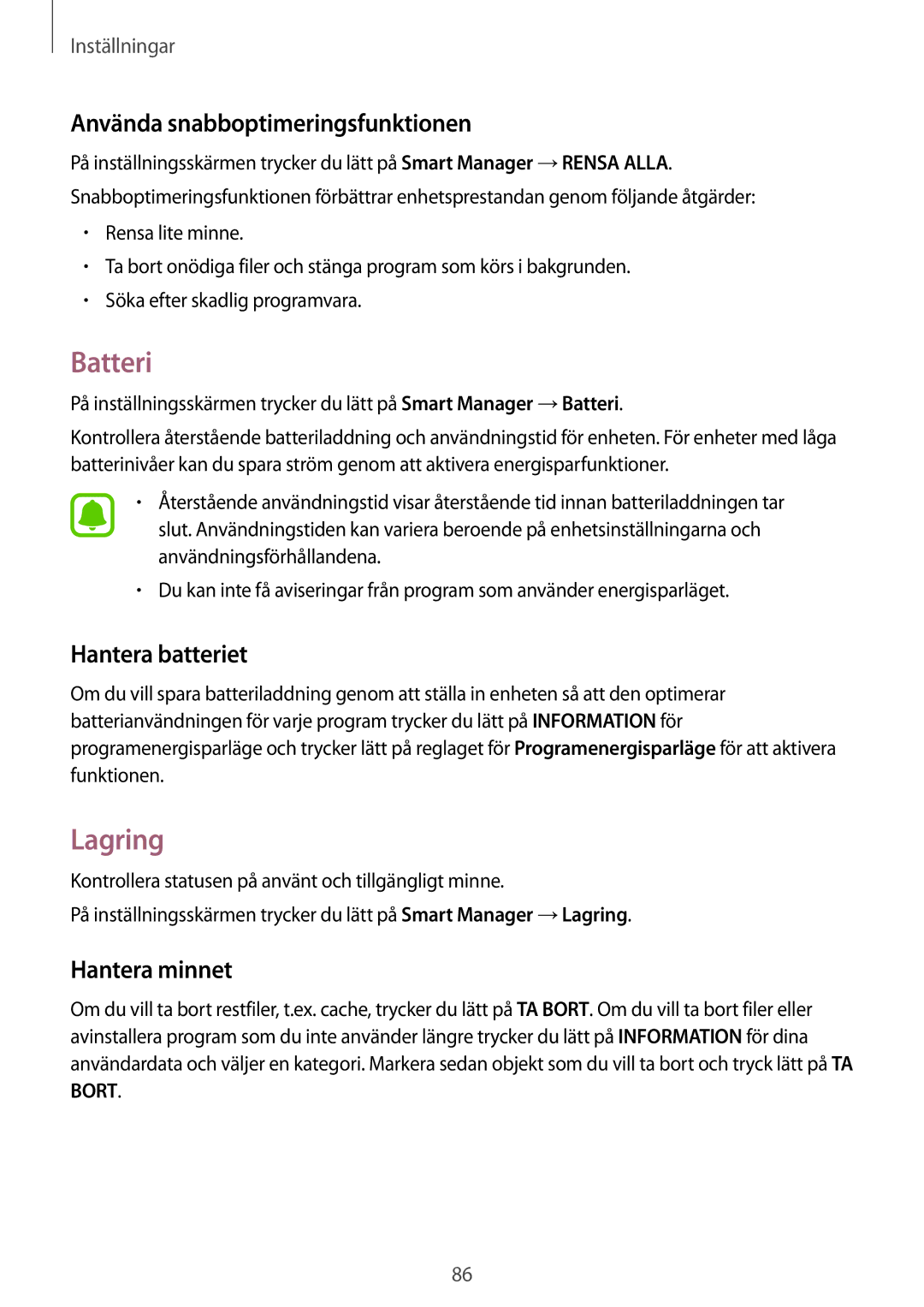 Samsung SM-T719NZWENEE manual Batteri, Lagring, Använda snabboptimeringsfunktionen, Hantera batteriet, Hantera minnet 