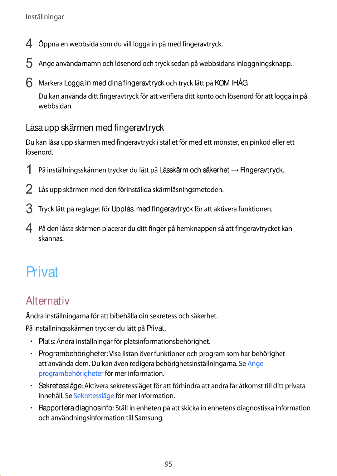 Samsung SM-T719NZKENEE, SM-T719NZWENEE manual Privat, Låsa upp skärmen med fingeravtryck 