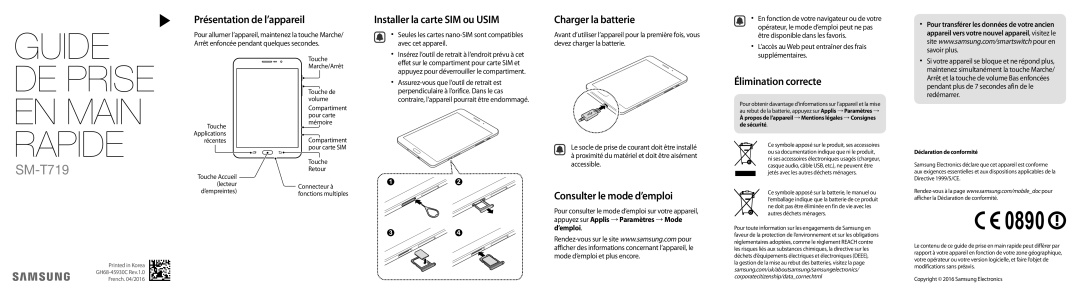 Samsung SM-T719NZKEXEF manual Présentation de l’appareil, Installer la carte SIM ou Usim, Charger la batterie 