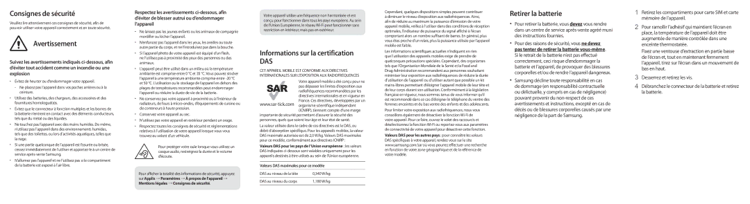 Samsung SM-T719NZWEXEF manual Consignes de sécurité, Avertissement, Informations sur la certification, Retirer la batterie 