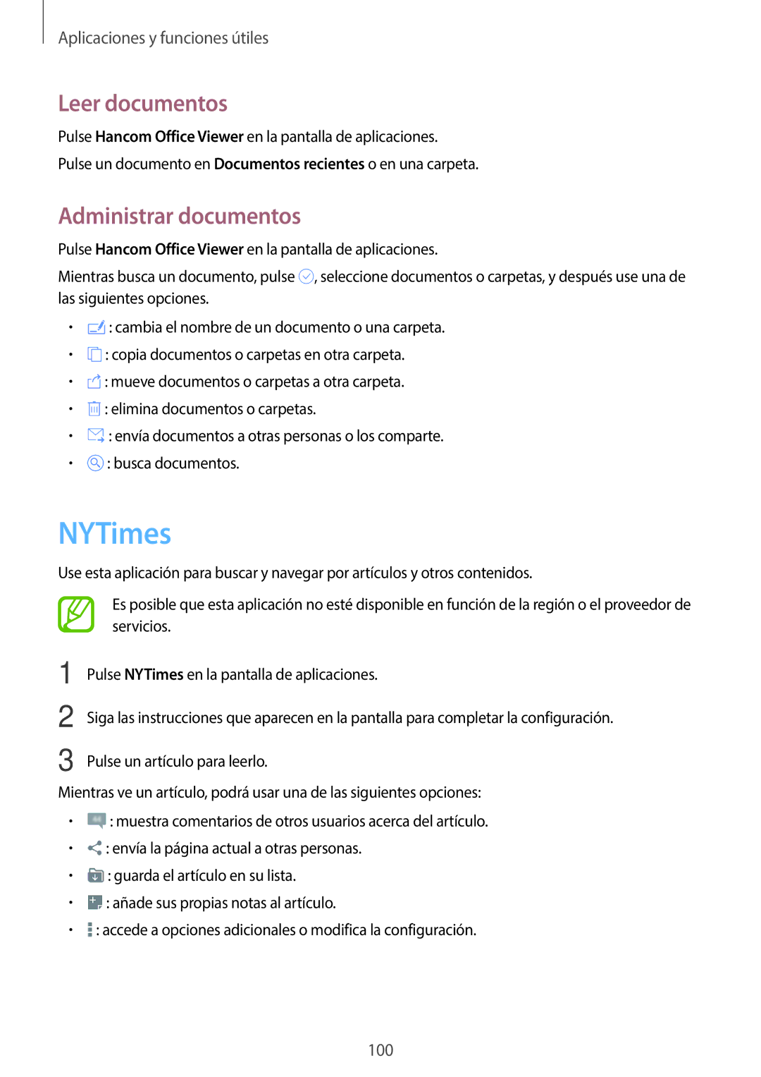 Samsung SM-T800NTSAPHE, SM-T800NHAAATO, SM-T800NTSATPH, SM-T800NZWATPH manual NYTimes, Leer documentos, Administrar documentos 