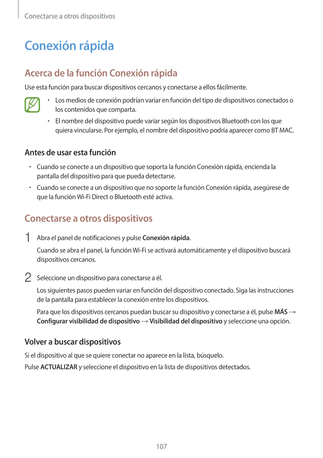 Samsung SM-T800NZWAPHE Acerca de la función Conexión rápida, Antes de usar esta función, Volver a buscar dispositivos 