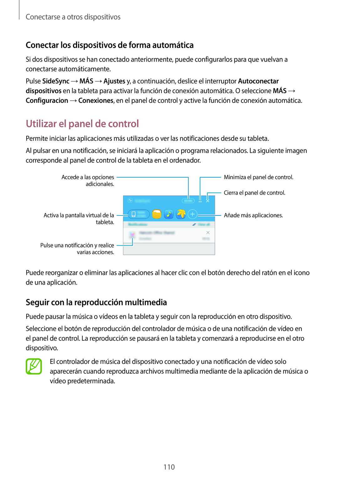 Samsung SM-T800NZWATPH, SM-T800NHAAATO manual Utilizar el panel de control, Conectar los dispositivos de forma automática 