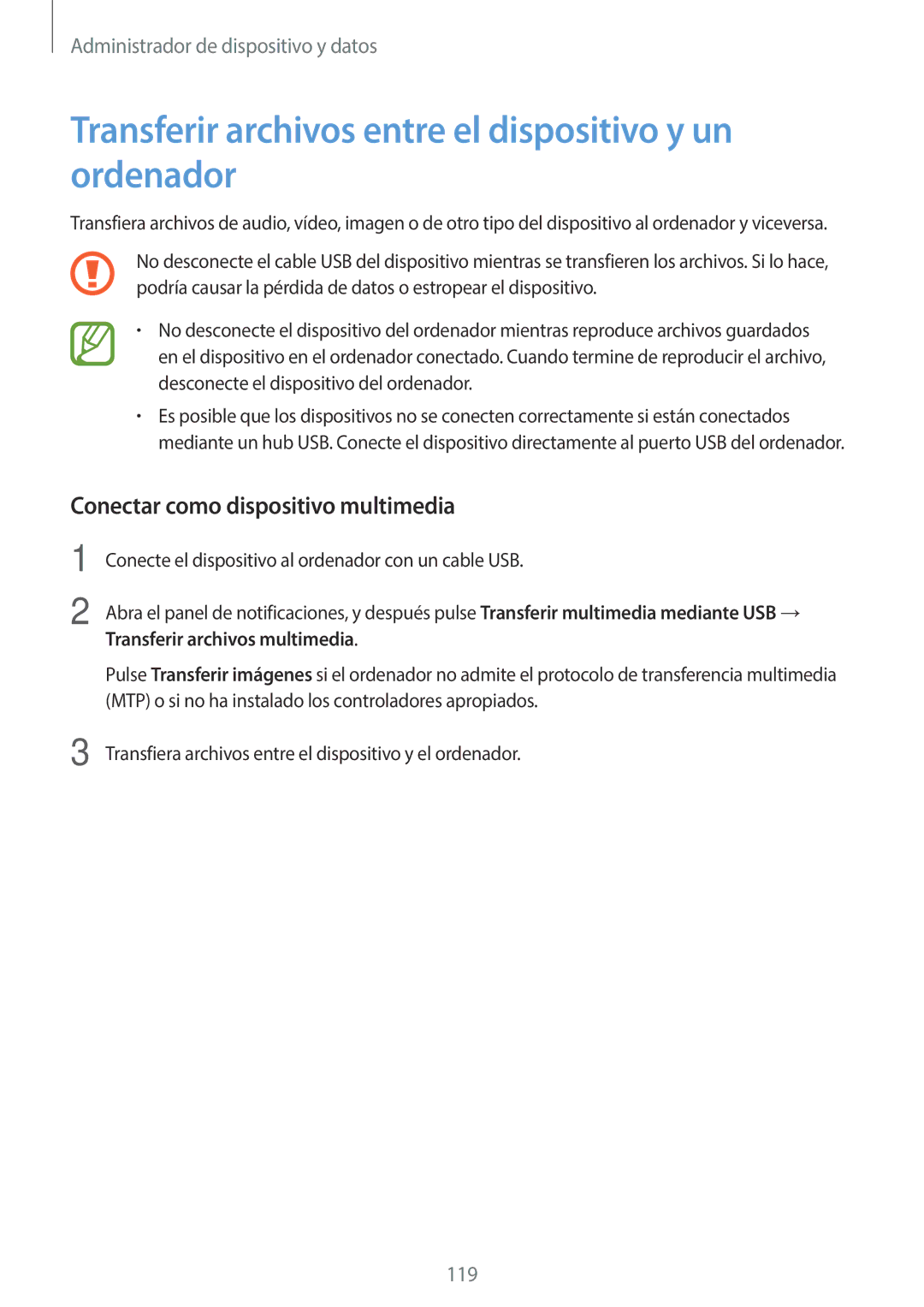 Samsung SM-T800NZWAPHE manual Transferir archivos entre el dispositivo y un ordenador, Conectar como dispositivo multimedia 