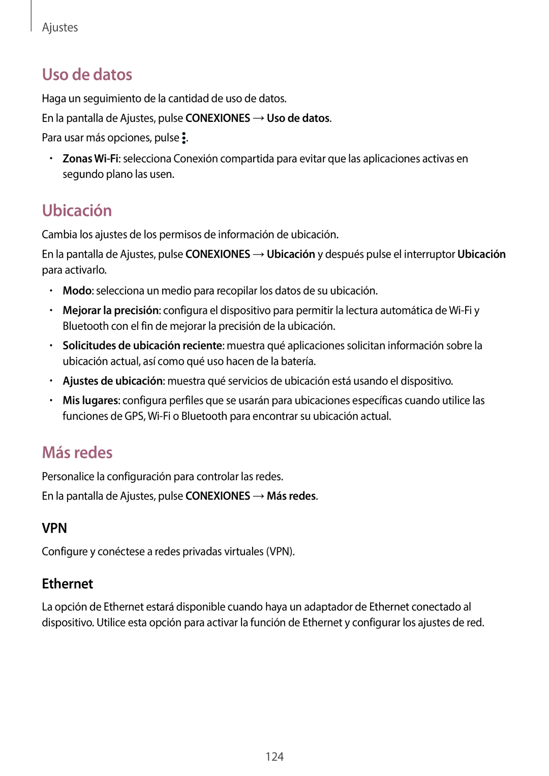 Samsung SM-T800NTSAPHE, SM-T800NHAAATO, SM-T800NTSATPH, SM-T800NZWATPH manual Uso de datos, Ubicación, Más redes, Ethernet 