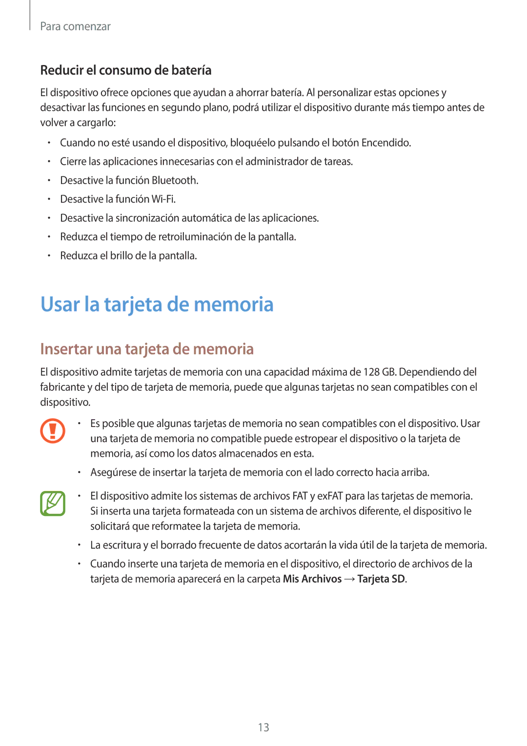 Samsung SM-T800NTSATPH manual Usar la tarjeta de memoria, Insertar una tarjeta de memoria, Reducir el consumo de batería 