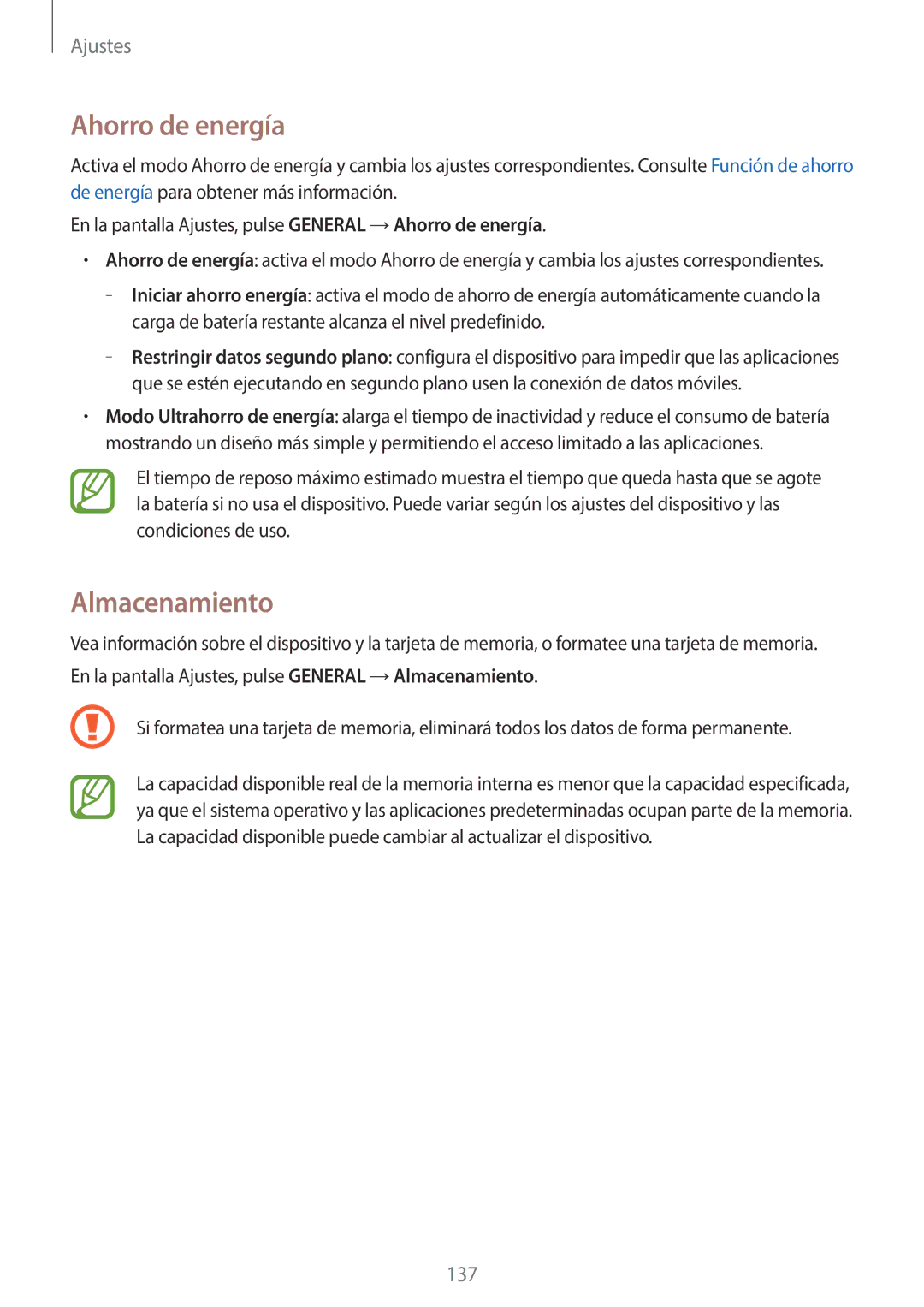 Samsung SM-T800NZWAPHE, SM-T800NHAAATO, SM-T800NTSATPH, SM-T800NZWATPH, SM-T800NZWAXEO manual Ahorro de energía, Almacenamiento 