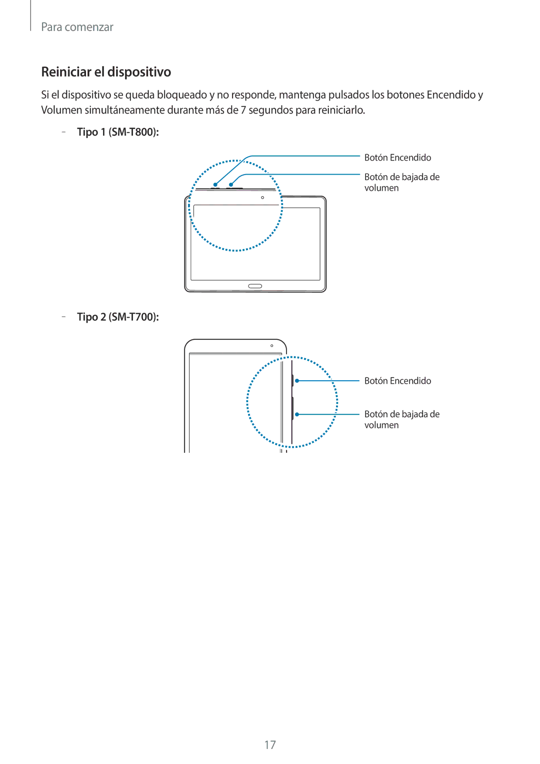 Samsung SM-T800NZWAPHE, SM-T800NHAAATO, SM-T800NTSATPH, SM-T800NZWATPH manual Reiniciar el dispositivo, Tipo 1 SM-T800 