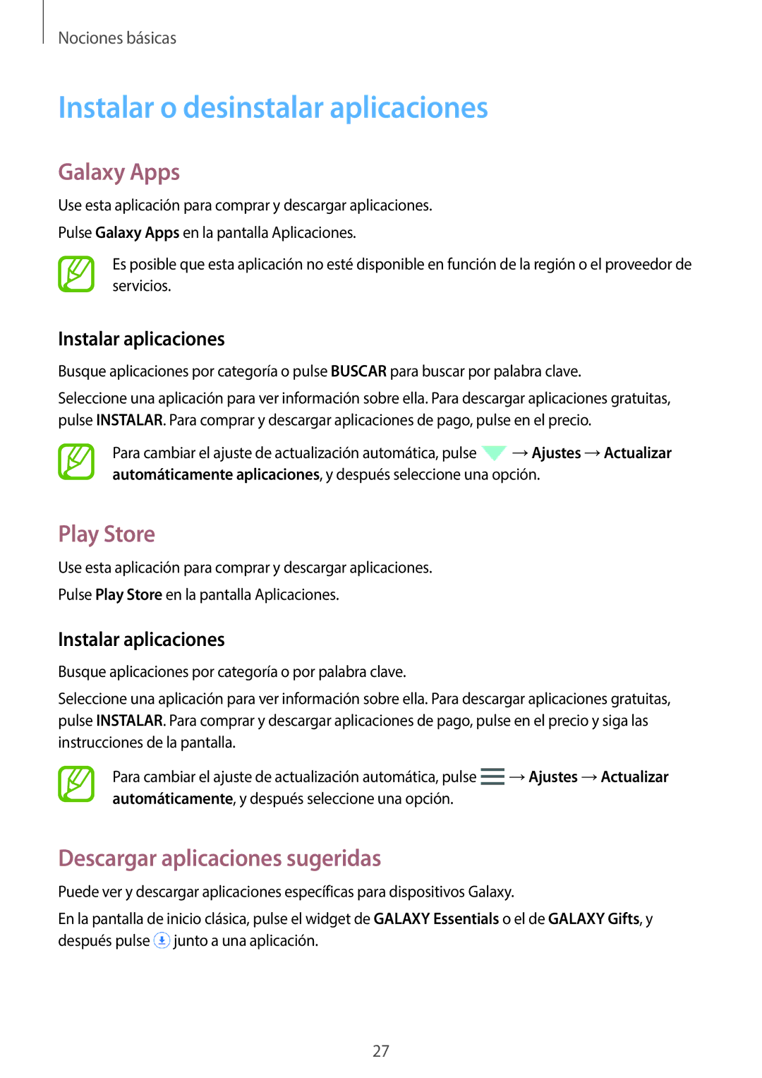 Samsung SM-T800NZWAXEO Instalar o desinstalar aplicaciones, Galaxy Apps, Play Store, Descargar aplicaciones sugeridas 