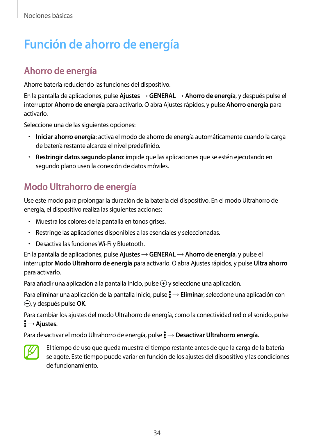 Samsung SM-T800NTSAPHE manual Función de ahorro de energía, Ahorro de energía, Modo Ultrahorro de energía, →Ajustes 