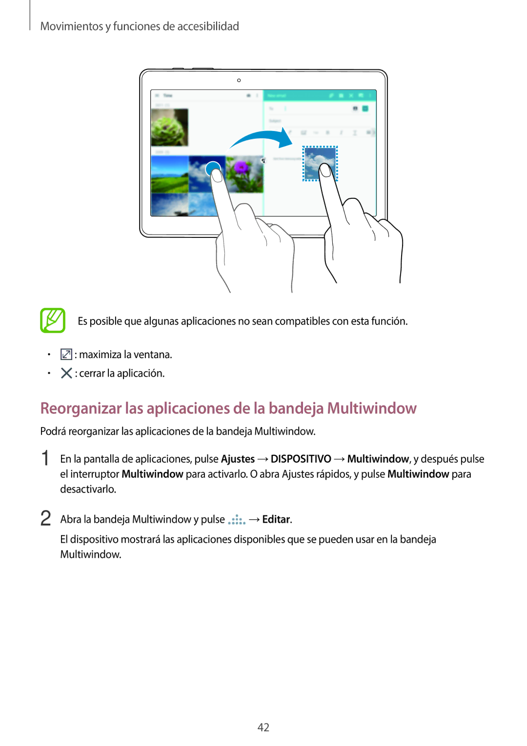 Samsung SM-T800NHAAATO, SM-T800NTSATPH, SM-T800NZWATPH manual Reorganizar las aplicaciones de la bandeja Multiwindow 
