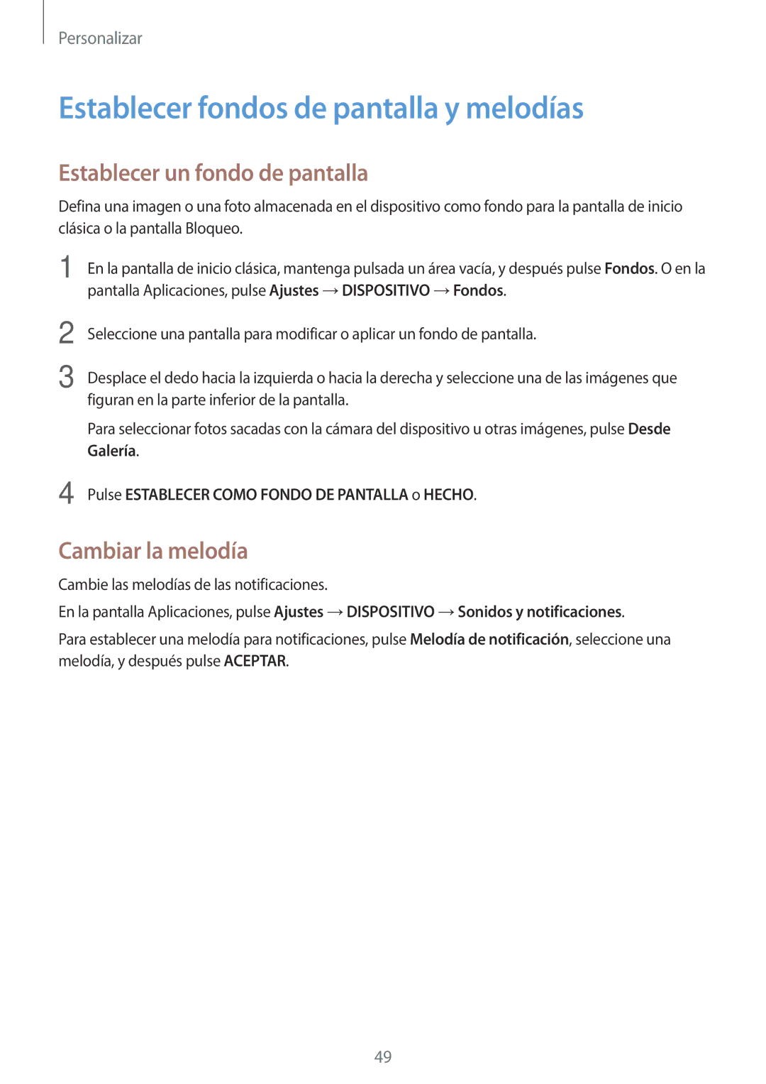 Samsung SM-T800NTSATPH manual Establecer fondos de pantalla y melodías, Establecer un fondo de pantalla, Cambiar la melodía 