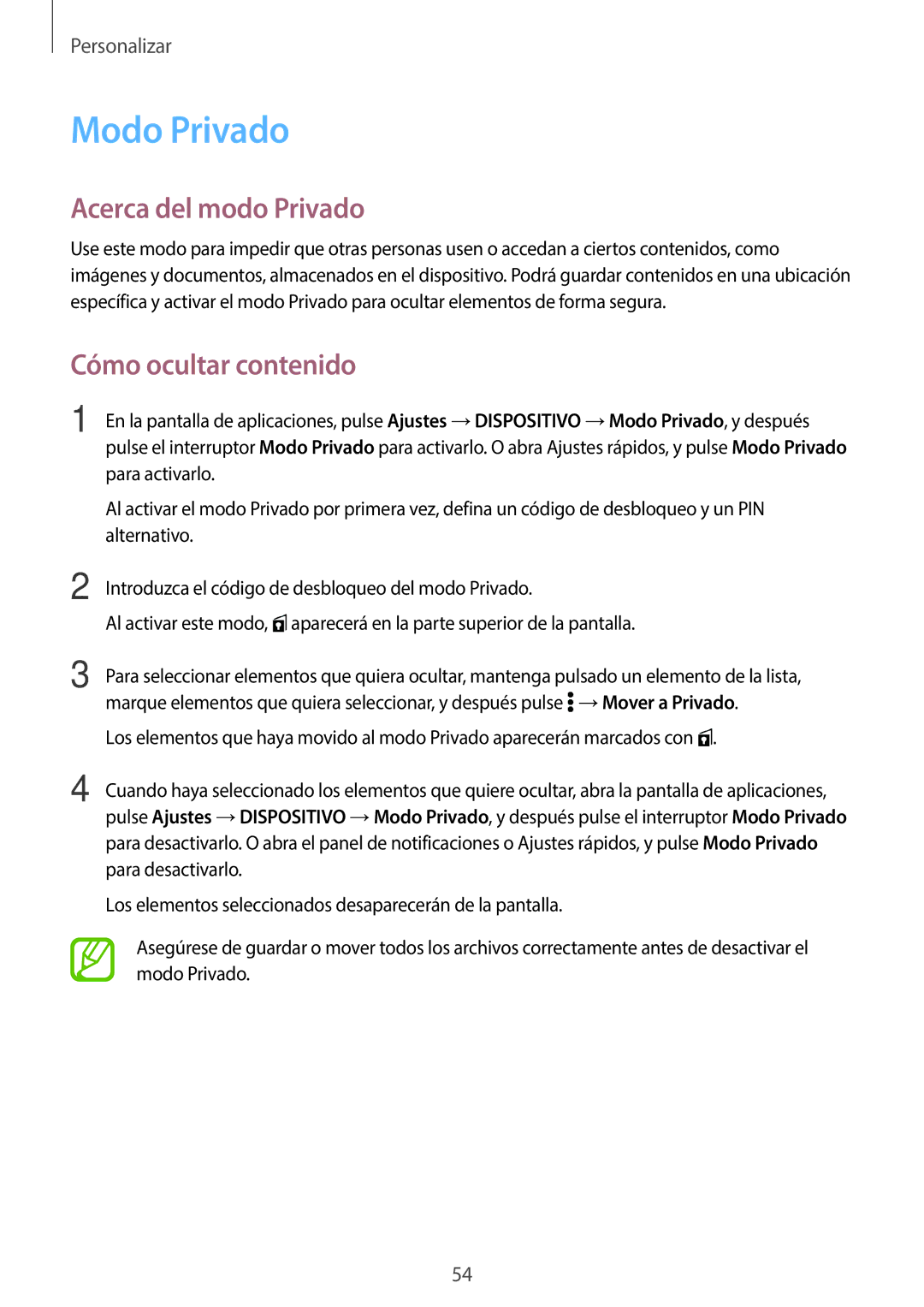 Samsung SM-T800NHAAATO, SM-T800NTSATPH, SM-T800NZWATPH manual Modo Privado, Acerca del modo Privado, Cómo ocultar contenido 