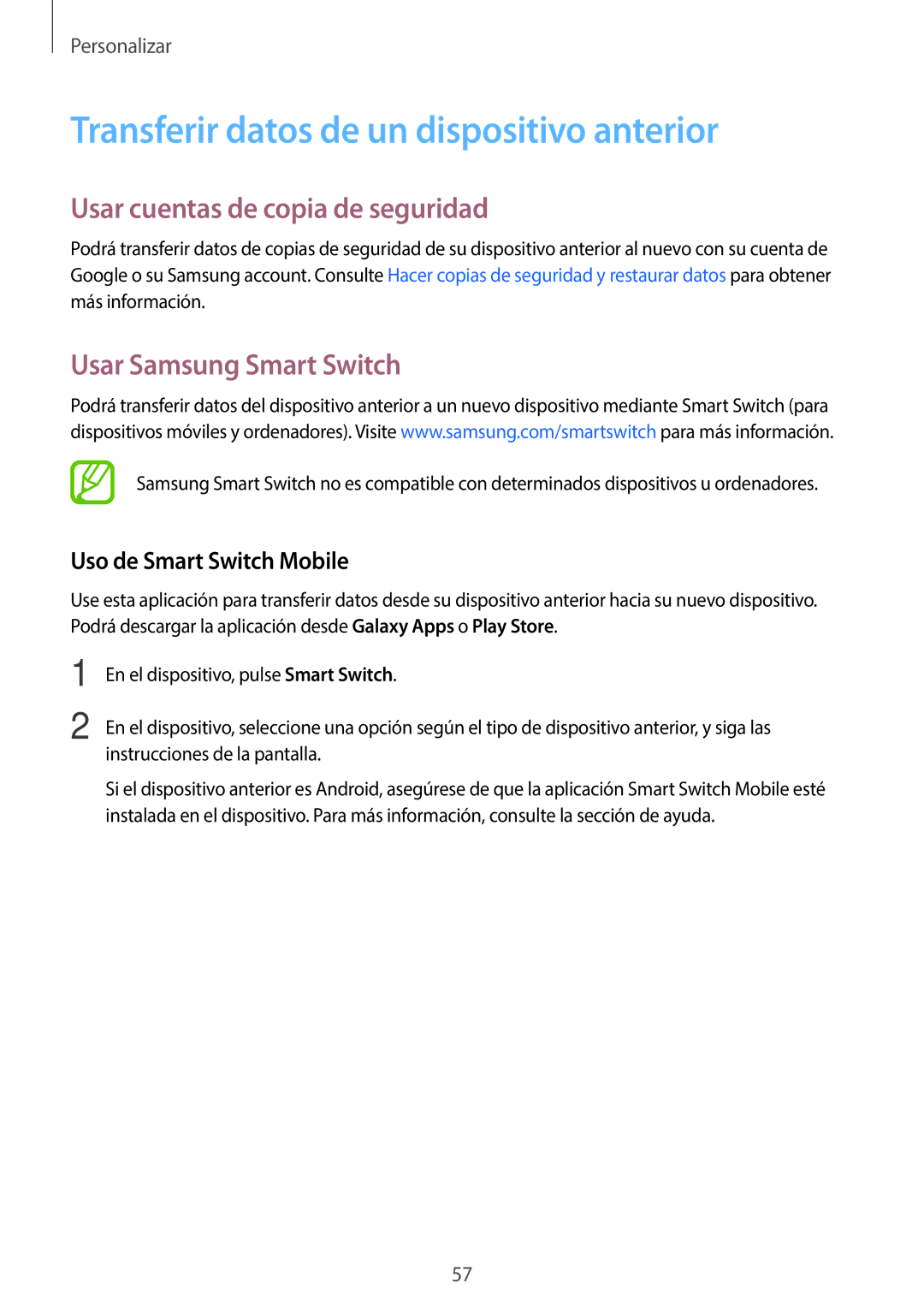 Samsung SM-T800NZWAXEO, SM-T800NHAAATO Transferir datos de un dispositivo anterior, Usar cuentas de copia de seguridad 