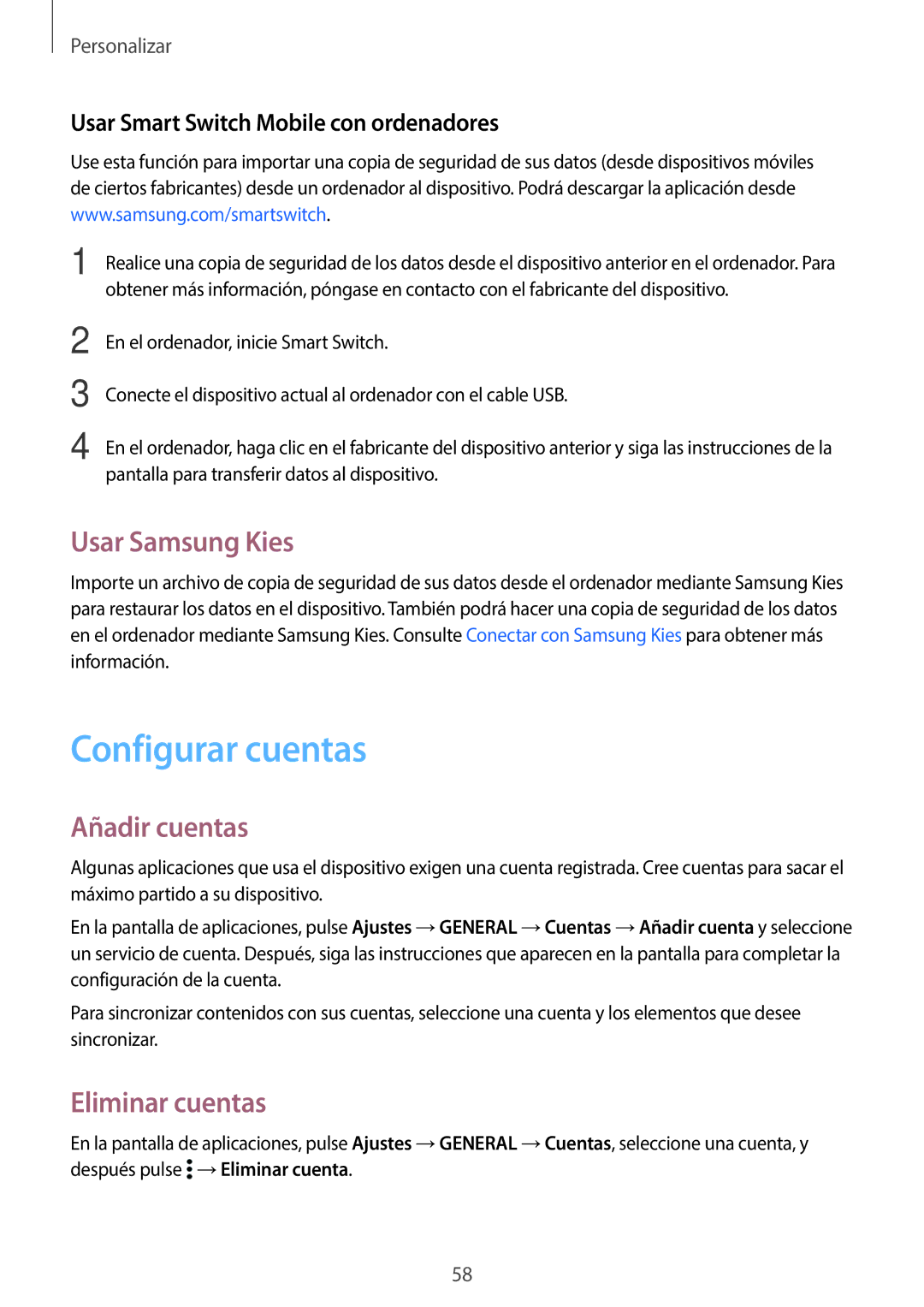 Samsung SM-T800NTSAPHE, SM-T800NHAAATO manual Configurar cuentas, Usar Samsung Kies, Añadir cuentas, Eliminar cuentas 