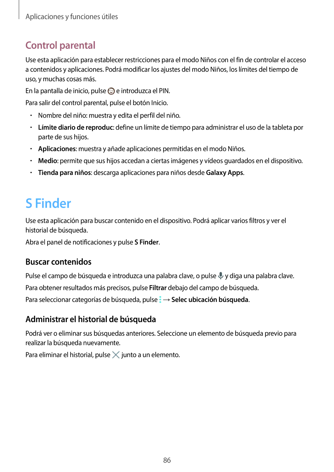 Samsung SM-T800NZWATPH, SM-T800NHAAATO Finder, Control parental, Buscar contenidos, Administrar el historial de búsqueda 