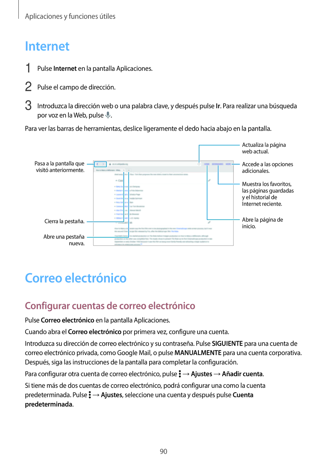 Samsung SM-T800NHAAATO, SM-T800NTSATPH manual Internet, Correo electrónico, Configurar cuentas de correo electrónico 