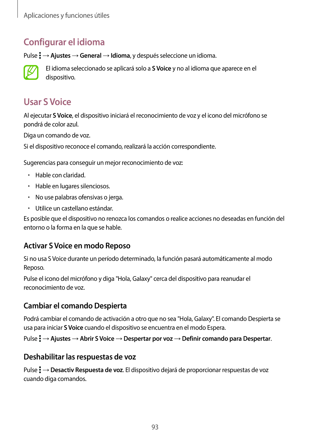 Samsung SM-T800NZWAXEO Configurar el idioma, Usar S Voice, Activar S Voice en modo Reposo, Cambiar el comando Despierta 
