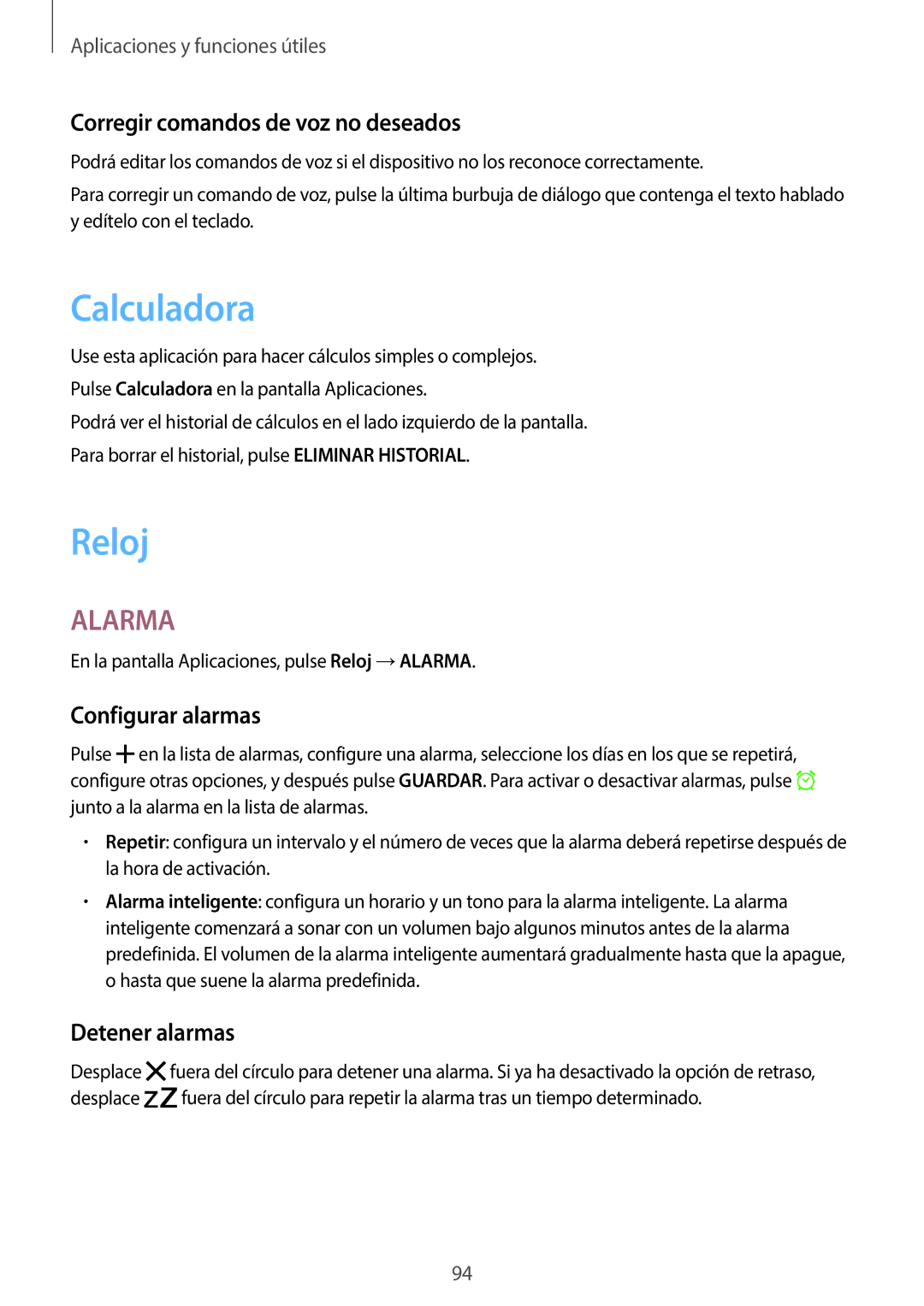 Samsung SM-T800NTSAPHE manual Calculadora, Reloj, Corregir comandos de voz no deseados, Configurar alarmas, Detener alarmas 